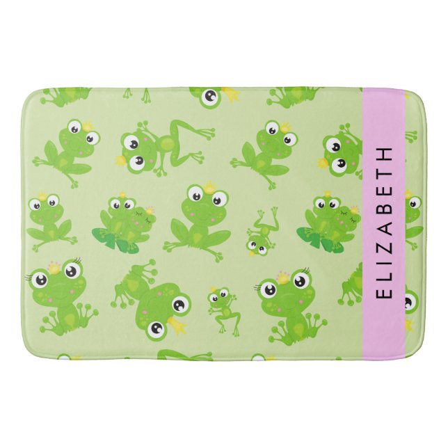 Frog Pattern, Green Frogs, Frog Prince, Your Name Bath Mat (Front)