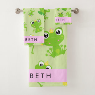 Frog Pattern, Green Frogs, Frog Prince, Your Name Bath Towel Set