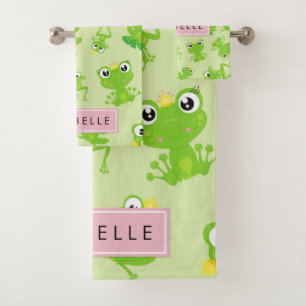 Frog Pattern,  Green Frogs, Frog Prince, Your Name Bath Towel Set