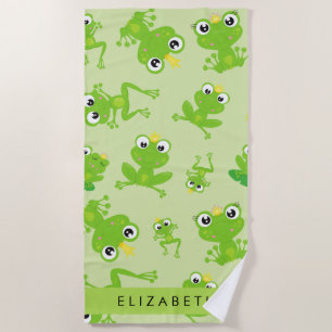 Frog Pattern, Green Frogs, Frog Prince, Your Name Beach Towel