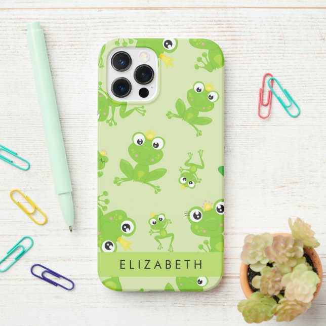 Frog Pattern, Green Frogs, Frog Prince, Your Name iPhone Case (On Desk)