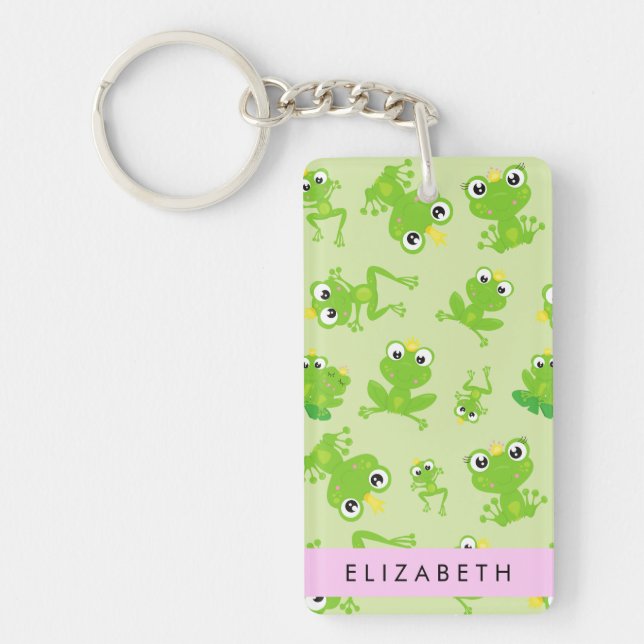 Frog Pattern, Green Frogs, Frog Prince, Your Name Key Ring (Front)