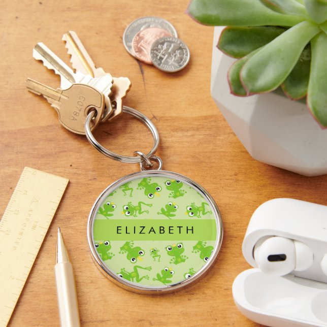 Frog Pattern, Green Frogs, Frog Prince, Your Name Key Ring (Desk)