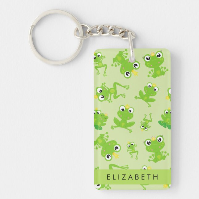 Frog Pattern, Green Frogs, Frog Prince, Your Name Key Ring (Front)