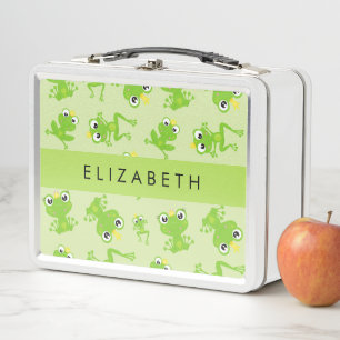 Frog Pattern, Green Frogs, Frog Prince, Your Name Metal Lunch Box