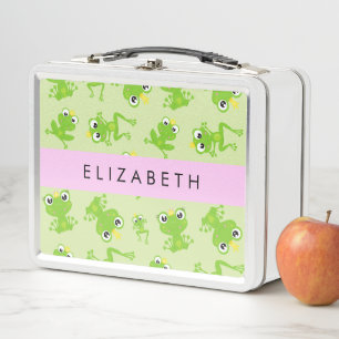 Frog Pattern, Green Frogs, Frog Prince, Your Name Metal Lunch Box