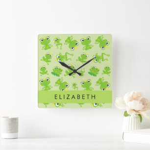 Frog Pattern, Green Frogs, Frog Prince, Your Name Square Wall Clock