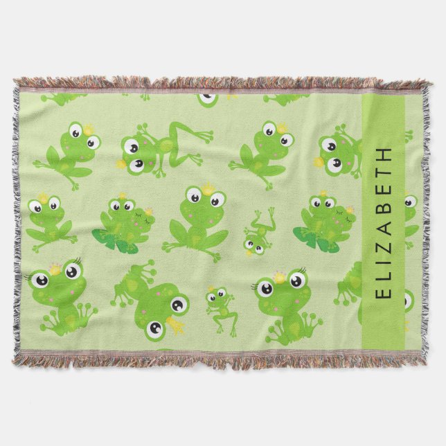Frog Pattern, Green Frogs, Frog Prince, Your Name Throw Blanket (Front)