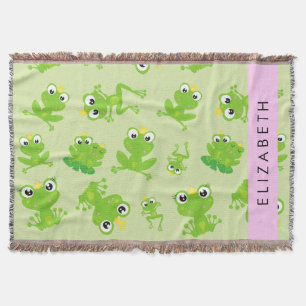 Frog Pattern, Green Frogs, Frog Prince, Your Name Throw Blanket