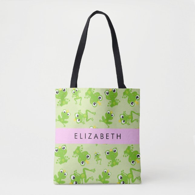 Frog Pattern, Green Frogs, Frog Prince, Your Name Tote Bag (Front)