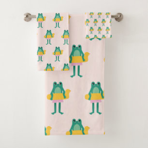 Frog Pattern Pink & Green Cute Kids Towel Set