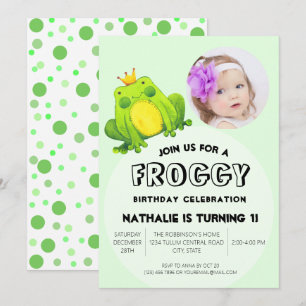 Frog Photo Birthday Pink 1st Party Cute Polka Dots Invitation