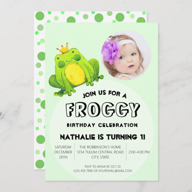 Frog Photo Birthday Pink 1st Party Cute Polka Dots Invitation (Front/Back)