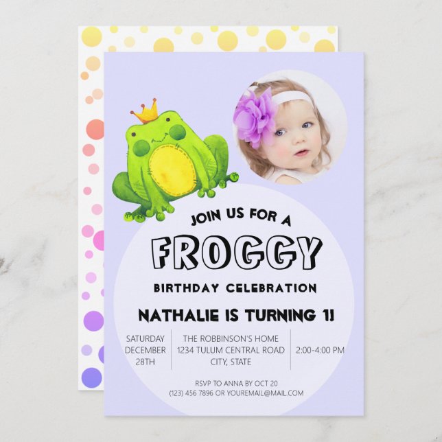 Frog Photo Birthday Pink 1st Party Cute Polka Dots Invitation (Front/Back)