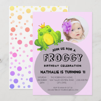 Frog Photo Birthday Pink 1st Party Cute Polka Dots Invitation