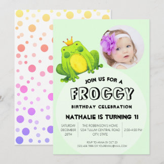 Frog Photo Birthday Pink 1st Party Cute Polka Dots Invitation