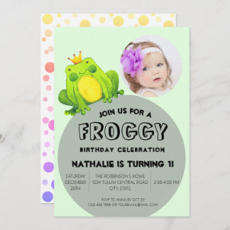 Frog Photo Birthday Pink 1st Party Cute Polka Dots Invitation