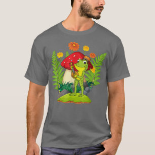 Frog Playing Banjo Guitar on Mushroom Cottagecore  T-Shirt