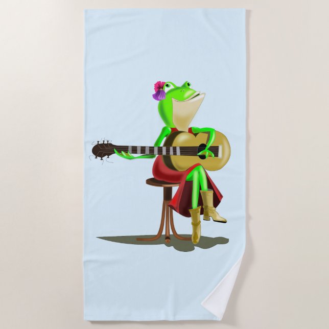 Frog Playing Guitar Funny Beach Towel (Front)
