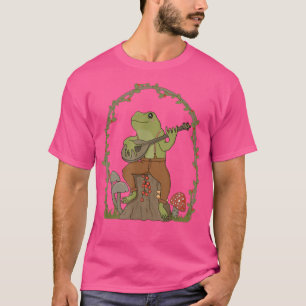 Frog Playing Guitar On Mushroom Log Cottagecore Ae T-Shirt