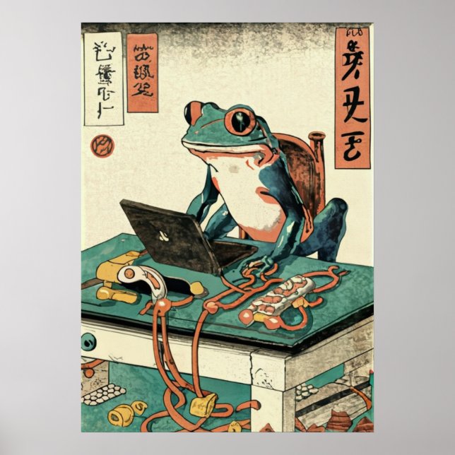Frog Playing Pc Games, Ukiyo-e Frog Art, Frog  Poster (Front)