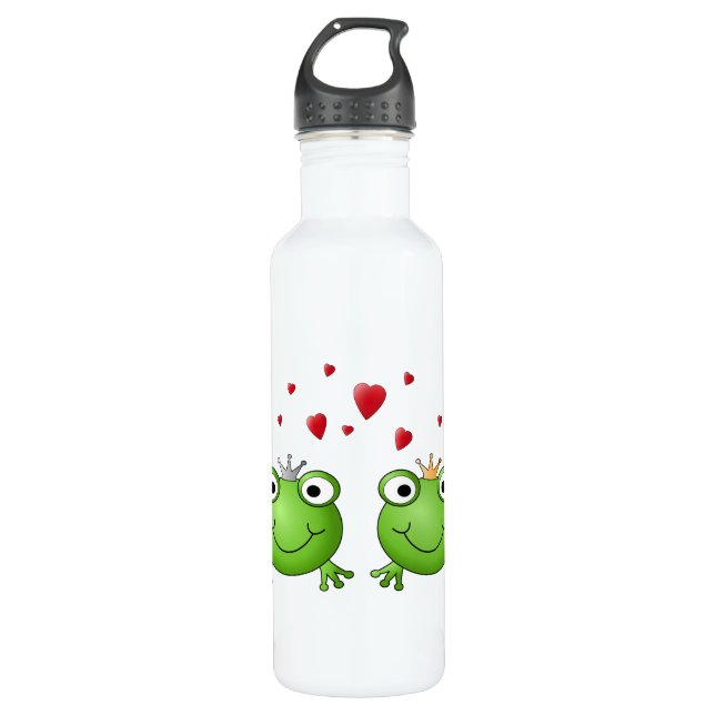 Frog Prince and Frog Princess, with hearts. 710 Ml Water Bottle (Front)