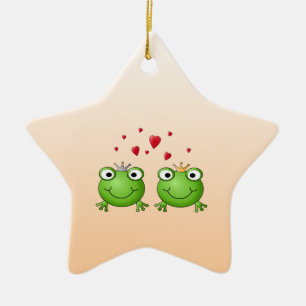 Frog Prince and Frog Princess, with hearts. Ceramic Tree Decoration