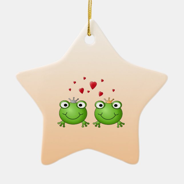 Frog Prince and Frog Princess, with hearts. Ceramic Tree Decoration (Front)