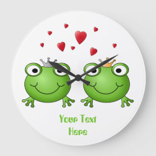 Frog Prince and Frog Princess, with hearts. Large Clock