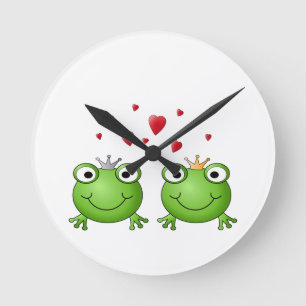 Frog Prince and Frog Princess, with hearts. Round Clock