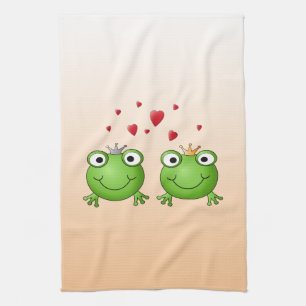 Frog Prince and Frog Princess, with hearts. Tea Towel
