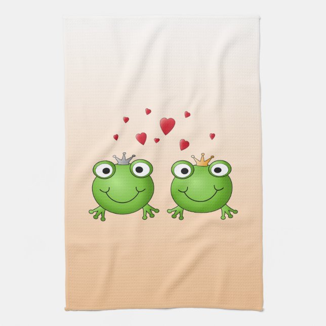 Frog Prince and Frog Princess, with hearts. Tea Towel (Vertical)