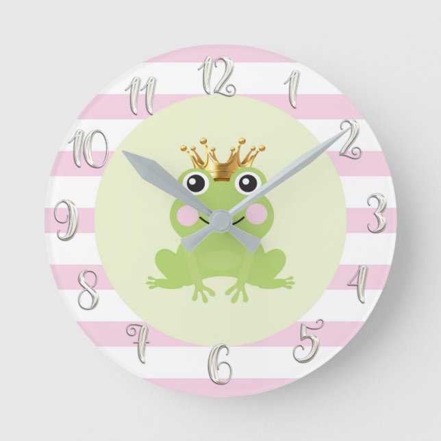 Frog Prince Gold Crown Cute Whimsical Nursery Pink Round Clock (Front)