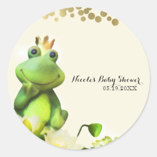 Frog Prince Green & Gold Baby Shower Custom Favour Classic Round Sticker