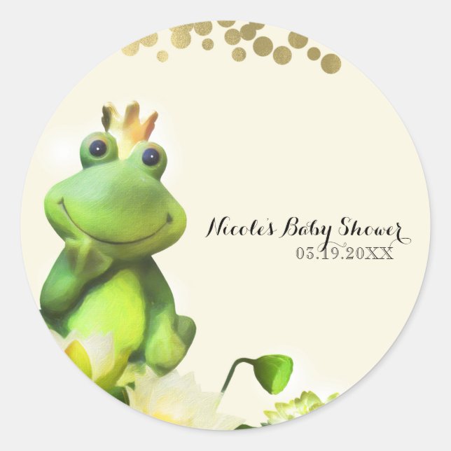 Frog Prince Green & Gold Baby Shower Custom Favour Classic Round Sticker (Front)
