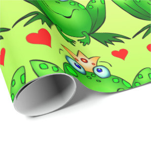 Frog Prince Hearts Cheerful Cartoon Green Wrapping Paper
