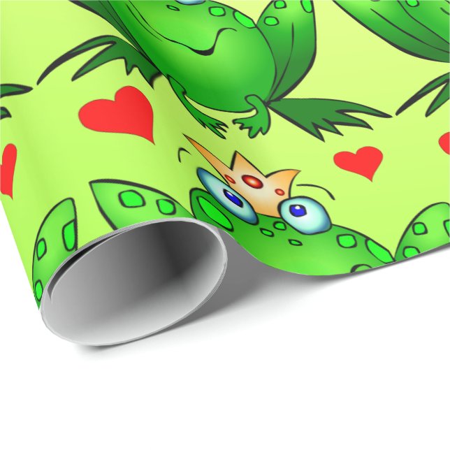 Frog Prince Hearts Cheerful Cartoon Green Wrapping Paper (Roll Corner)