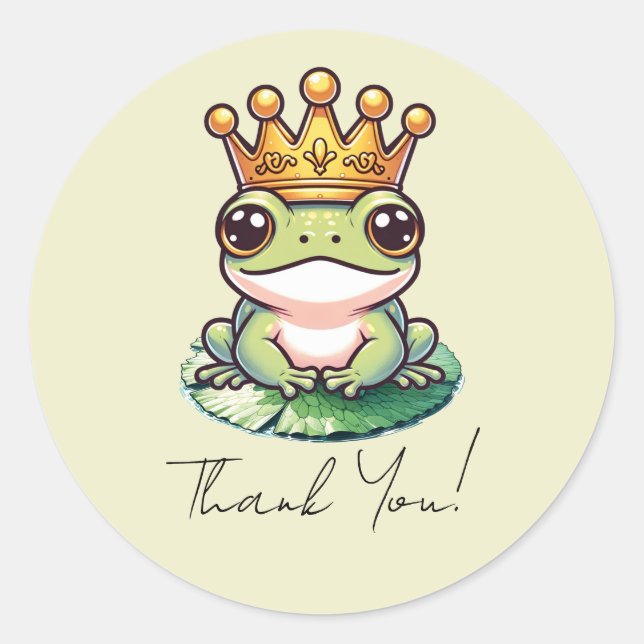 Frog Prince in Gold Crown Baby Shower Invitations Classic Round Sticker (Front)
