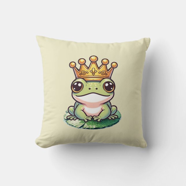 Frog Prince in Gold Crown Fairytale Nursery Room Cushion (Front)