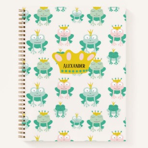 Frog prince princess green pink crown personalise notebook