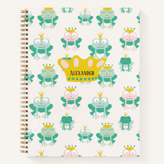 Frog prince princess green pink crown personalise notebook (Front)