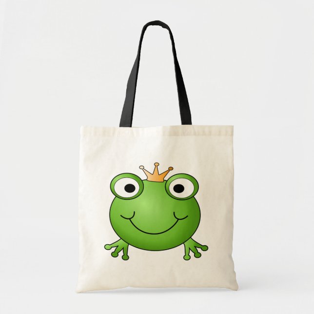 Frog Prince. Smiling Frog with a Crown. Tote Bag (Front)