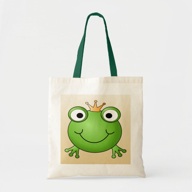 Frog Prince. Smiling Frog with a Crown. Tote Bag (Front)