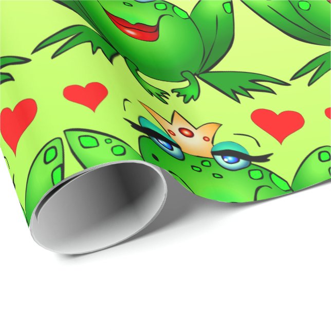 Frog Princess Hearts Cheerful Green Wrapping Paper (Roll Corner)