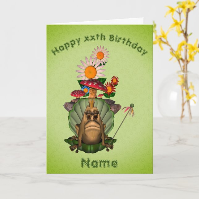 Frog Princess Mushrooms Personalised Birthday  Card (Yellow Flower)