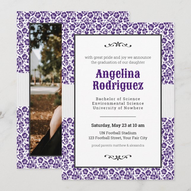 Frog Purple Floral Damask Photo Graduation Invitation (Front/Back)