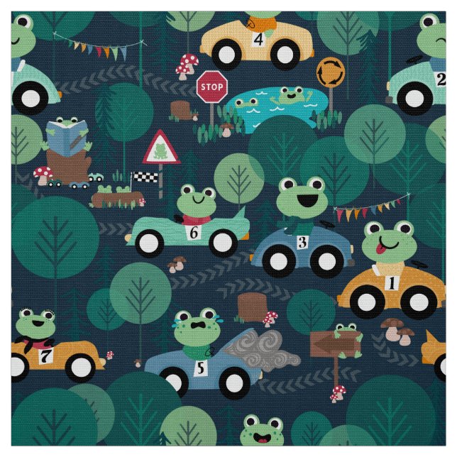 Frog Race Car Drivers Kids Adorable Animal Fabric (Swatch)