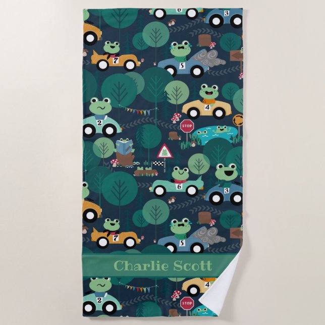 Frog Race Car Drivers Kids Personalised Beach Towel (Front)
