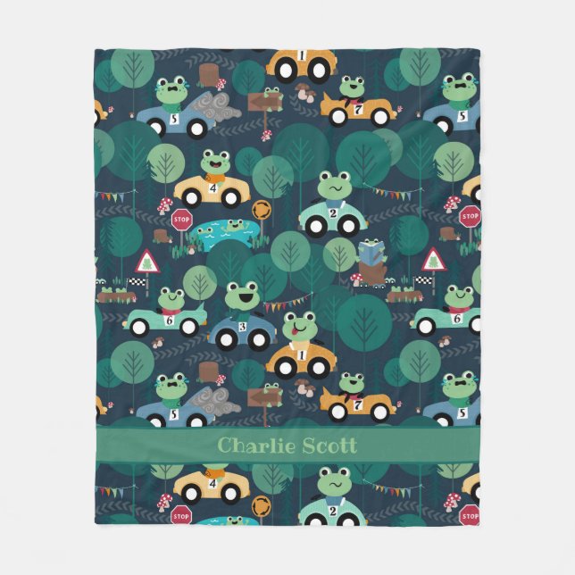Frog Race Car Drivers Kids Personalised Fleece Blanket (Front)
