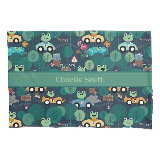 Frog Race Car Drivers Kids Personalised Pillowcase (Front)